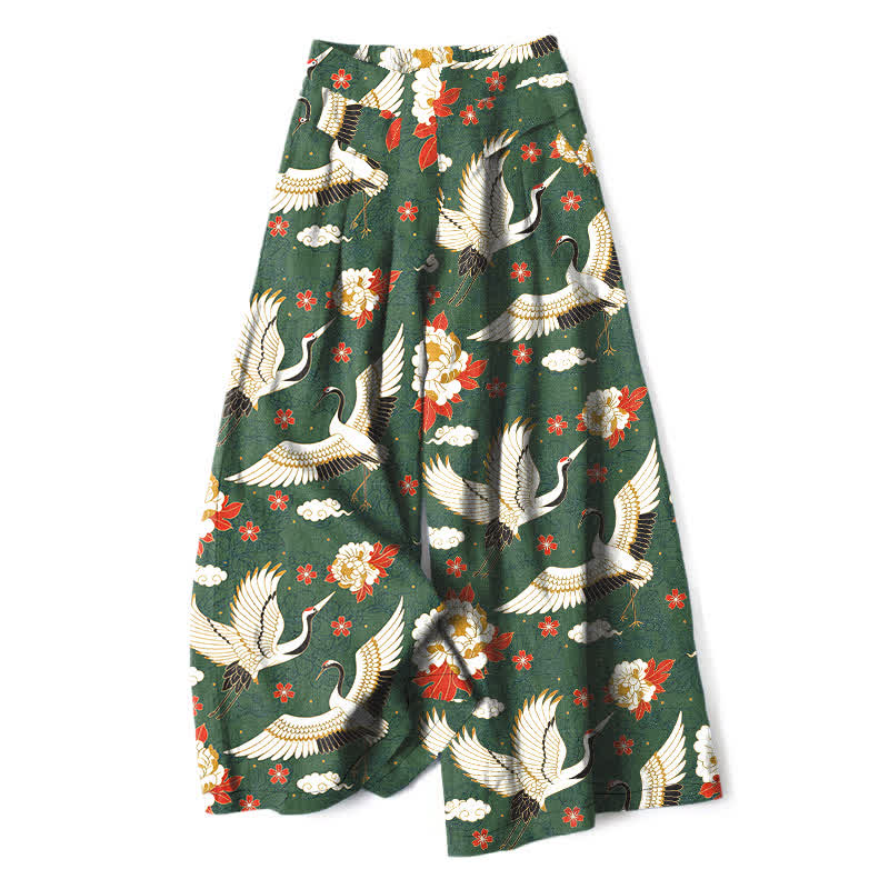 Buddha Stones Cotton Linen Crane Blossom Pattern Women's Elastic Waist Wide Leg Pants With Pockets - DarkOliveGreen - US16，UK/AU20，EU48 (3XL) - image 4