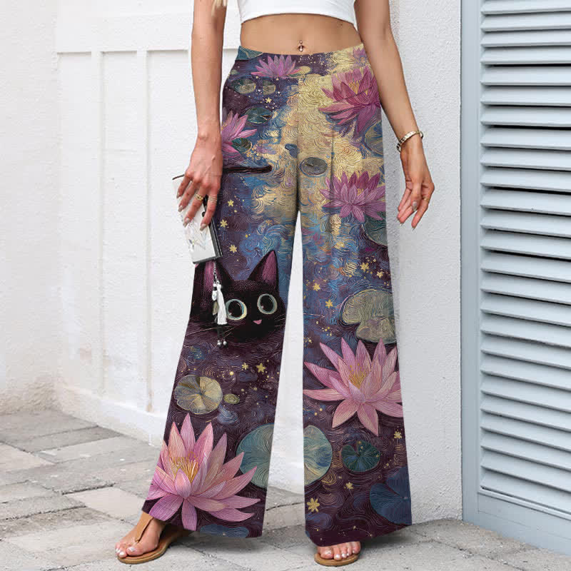 Buddha Stones Cotton Linen Celestial Floral Cat Lotus Pattern Women's Elastic Waist Wide Leg Pants With Pockets - image 5