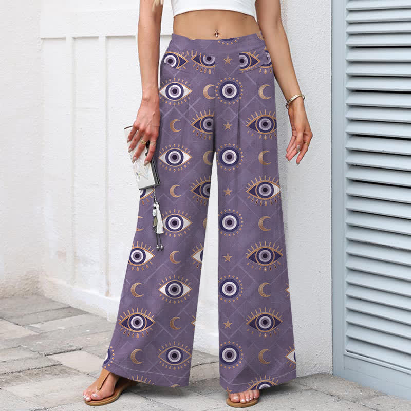 Buddha Stones Cotton Linen Evil Eye Moon Pattern Women's Elastic Waist Wide Leg Pants With Pockets - image 5