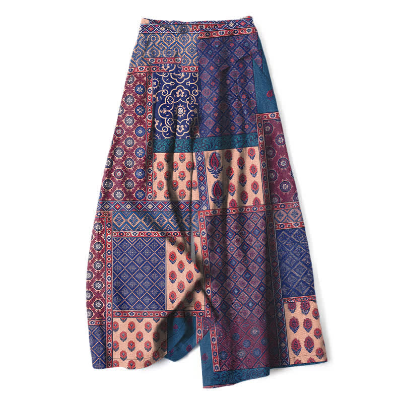 Buddha Stones Cotton Linen Vintage Floral Pattern Women's Elastic Waist Wide Leg Pants With Pockets - DarkSlateBlue - US16，UK/AU20，EU48 (3XL) - image 4