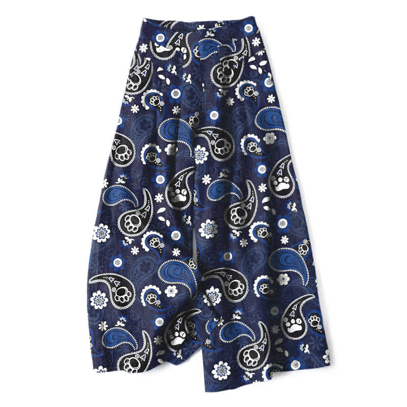 Buddha Stones Cotton Linen Vintage Paisley Floral Pattern Women's Elastic Waist Wide Leg Pants With Pockets - Navy - US16，UK/AU20，EU48 (3XL) - image 0