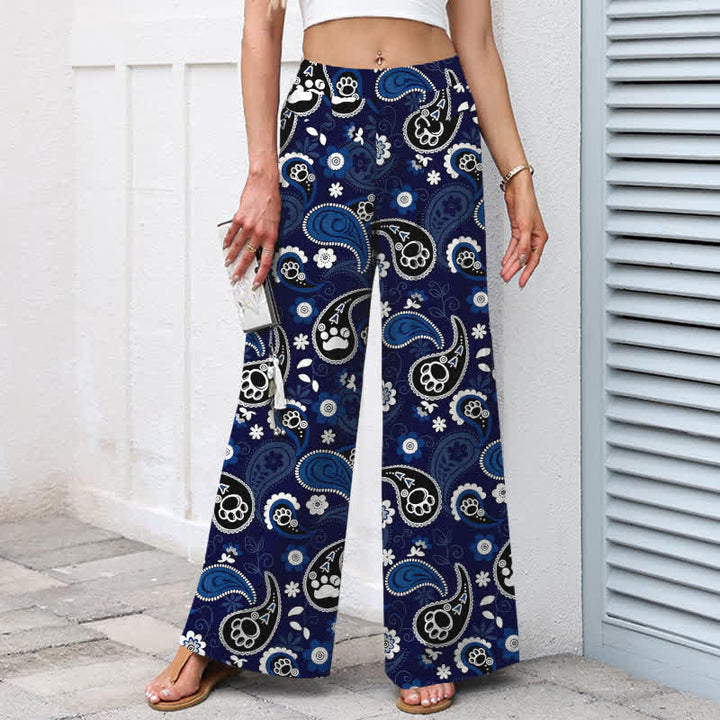 Buddha Stones Cotton Linen Vintage Paisley Floral Pattern Women's Elastic Waist Wide Leg Pants With Pockets - image 1