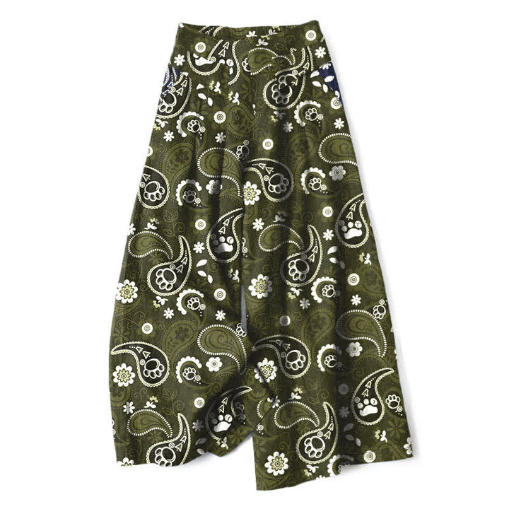 Buddha Stones Cotton Linen Vintage Paisley Floral Pattern Women's Elastic Waist Wide Leg Pants With Pockets - DarkOliveGreen - US16，UK/AU20，EU48 (3XL) - image 6