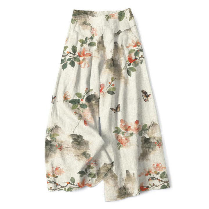 Buddha Stones Cotton Linen Vintage Floral Pattern Women's Elastic Waist Wide Leg Pants With Pockets - Ivory - US16，UK/AU20，EU48 (3XL) - image 0