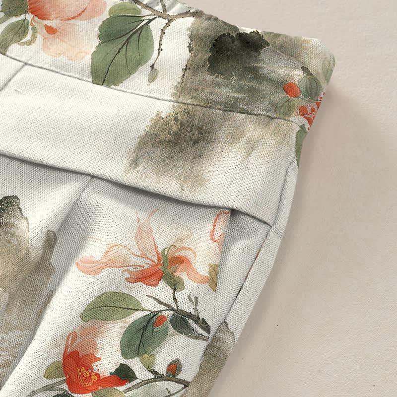 Buddha Stones Cotton Linen Vintage Floral Pattern Women's Elastic Waist Wide Leg Pants With Pockets - image 2