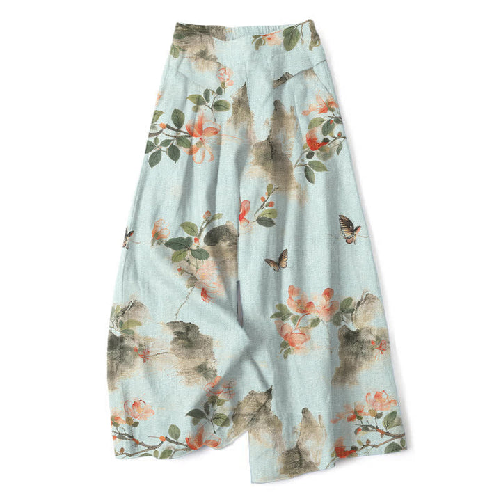 Buddha Stones Cotton Linen Vintage Floral Pattern Women's Elastic Waist Wide Leg Pants With Pockets - LightBlue - US16，UK/AU20，EU48 (3XL) - image 4
