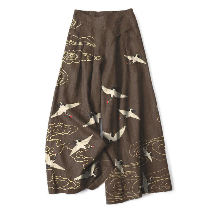 Buddha Stones Cotton Linen Vintage Crane Cloud Pattern Women's Elastic Waist Wide Leg Pants With Pockets - SaddleBrown - US16，UK/AU20，EU48 (3XL) - image 4
