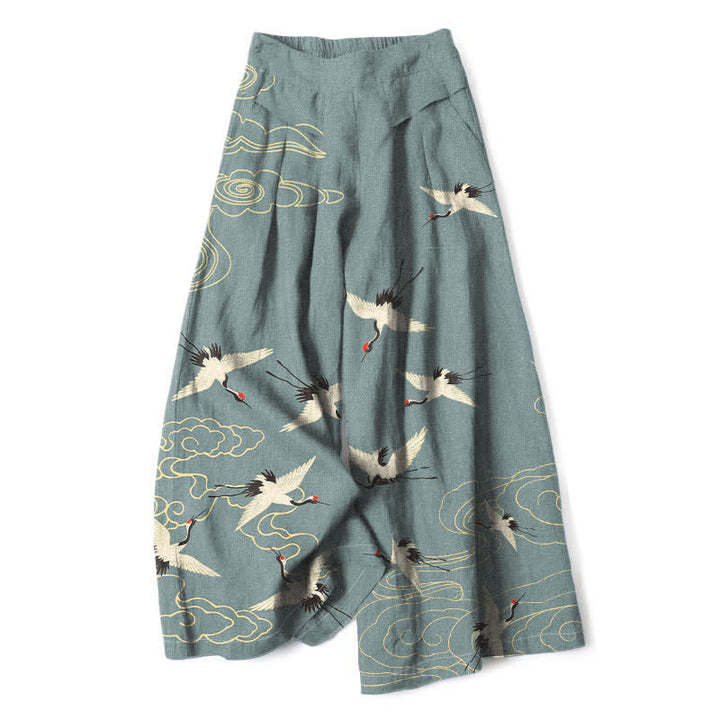 Buddha Stones Cotton Linen Vintage Crane Cloud Pattern Women's Elastic Waist Wide Leg Pants With Pockets - SlateGray - US16，UK/AU20，EU48 (3XL) - image 6