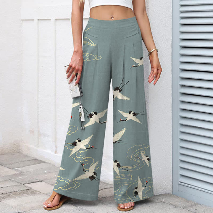 Buddha Stones Cotton Linen Vintage Crane Cloud Pattern Women's Elastic Waist Wide Leg Pants With Pockets - image 7
