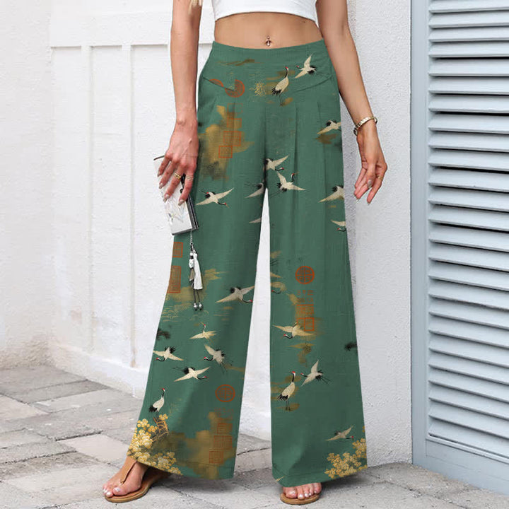 Buddha Stones Cotton Linen White Crane Floral Pattern Women's Elastic Waist Wide Leg Pants With Pockets - image 1