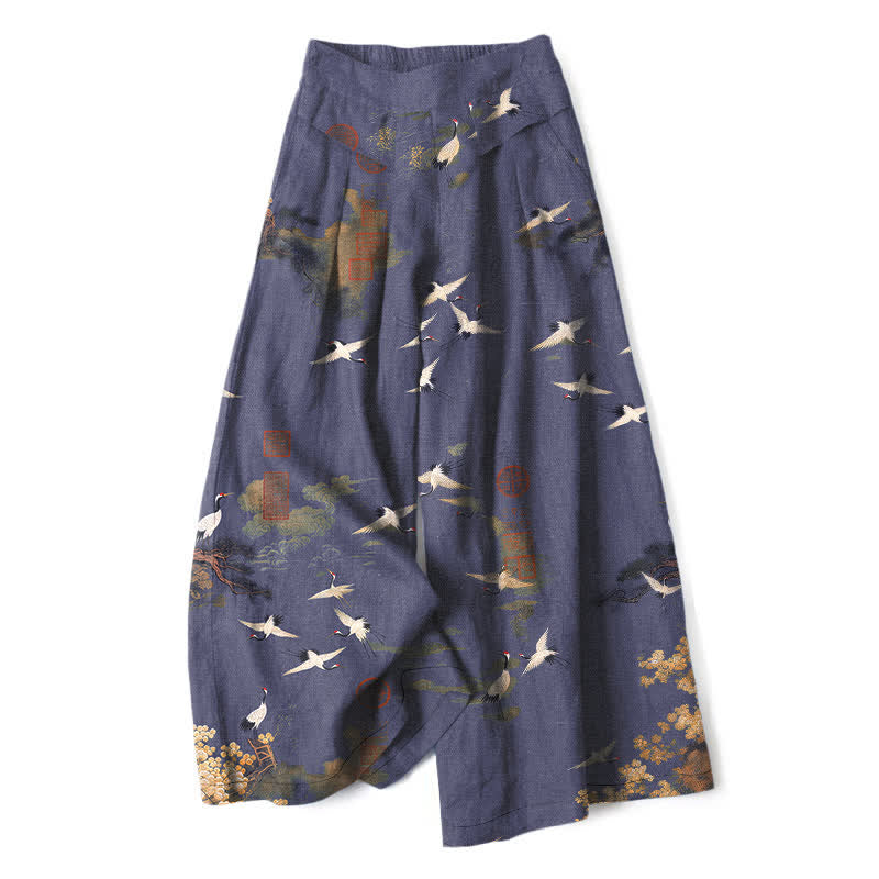 Buddha Stones Cotton Linen White Crane Floral Pattern Women's Elastic Waist Wide Leg Pants With Pockets - MediumPurple - US16，UK/AU20，EU48 (3XL) - image 4