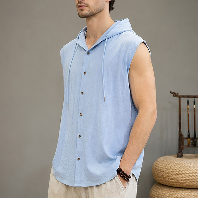 Buddha Stones Summer Casual Minimalist Button-Up Drawstring Solid Tank Top Men's Sleeveless Shirts - image 1