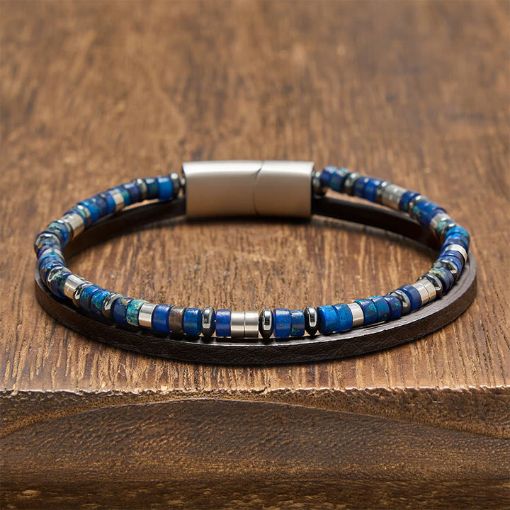 Buddha Stones Lapis Lazuli Truth Double Wrap Leather Bracelet - Cylindrical Lapis Lazuli(Wrist Circumference: 19-20cm) - image 0