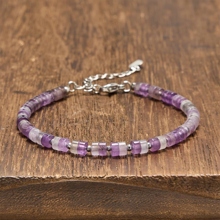 Buddha Stones Amethyst Tiger's Eye Rose Quartz Blue Spot Jasper Black Obsidian Calm Flat Bead Bracelet - Amethyst (Wrist Circumference: 16-18cm) - image 0