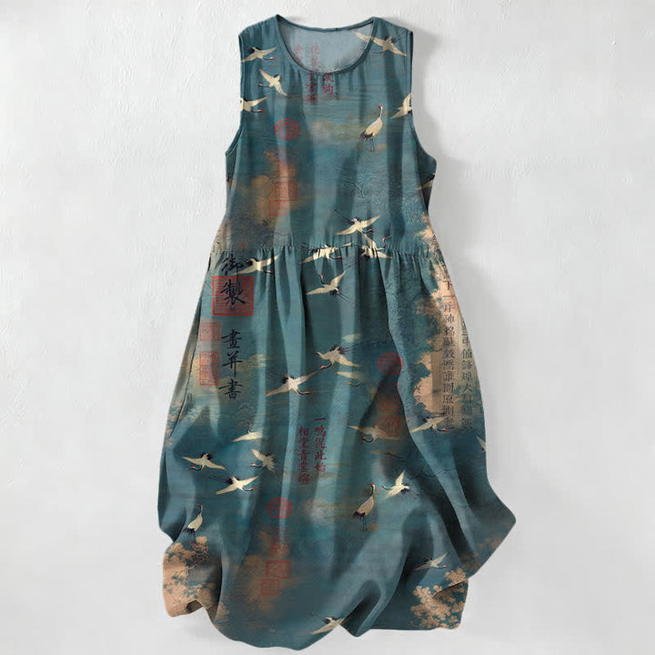 Buddha Stones Summer Casual Oriental Flying Crane Calligraphy Pattern Women's Summer Sleeveless Midi Dress With Pockets - CadetBlue - US16，UK/AU20，EU48 (3XL) - image 5