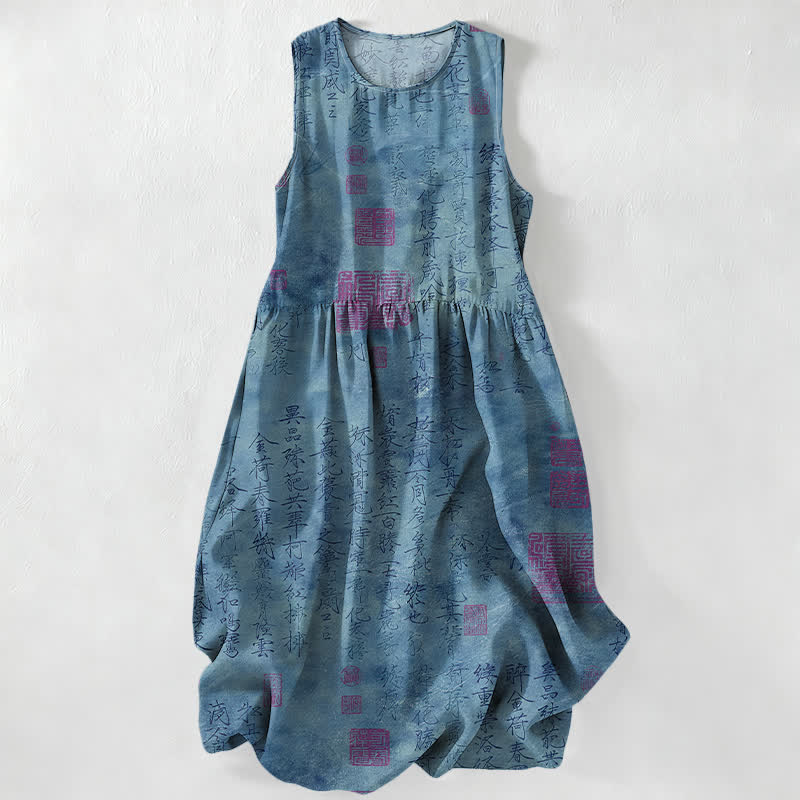 Buddha Stones Summer Casual Chinese Calligraphy Seal Pattern Women's Summer Sleeveless Midi Dress With Pockets - SlateGray - US16，UK/AU20，EU48 (3XL) - image 4