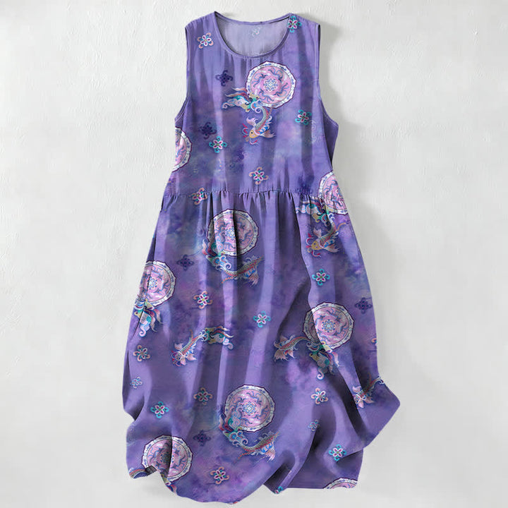 Buddha Stones Summer Casual Vintage Floral Medallions Leaves Pattern Women's Summer Sleeveless Midi Dress With Pockets - SlateBlue - US16，UK/AU20，EU48 (3XL) - image 4