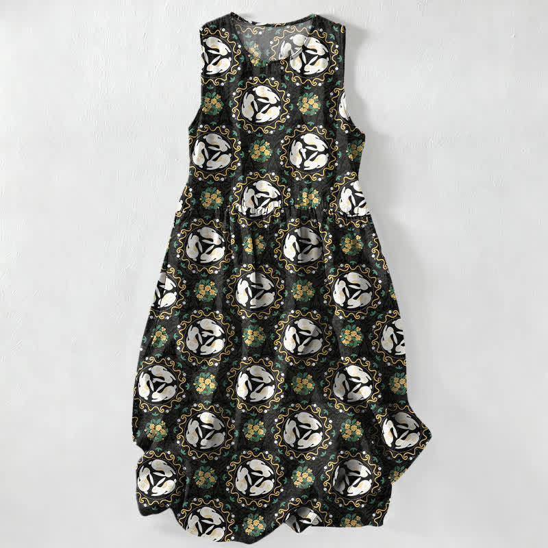 Buddha Stones Summer Casual Vintage Floral Medallions Leaves Pattern Women's Summer Sleeveless Midi Dress With Pockets - Black - US16，UK/AU20，EU48 (3XL) - image 0