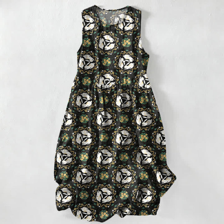 Buddha Stones Summer Casual Vintage Floral Medallions Leaves Pattern Women's Summer Sleeveless Midi Dress With Pockets - Black - US16，UK/AU20，EU48 (3XL) - image 0
