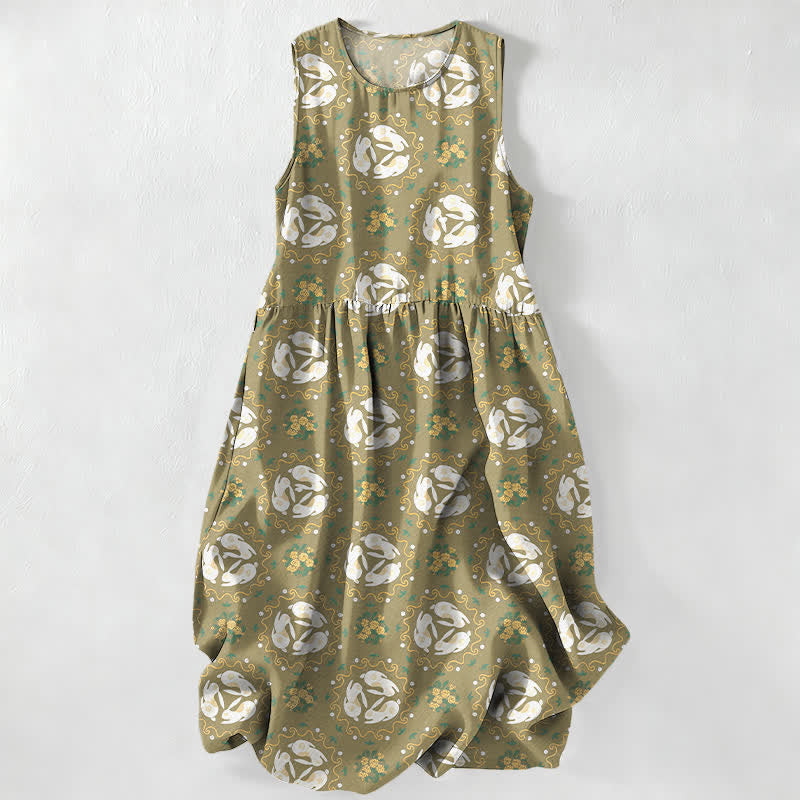 Buddha Stones Summer Casual Vintage Floral Medallions Leaves Pattern Women's Summer Sleeveless Midi Dress With Pockets - OliveDrab - US16，UK/AU20，EU48 (3XL) - image 5