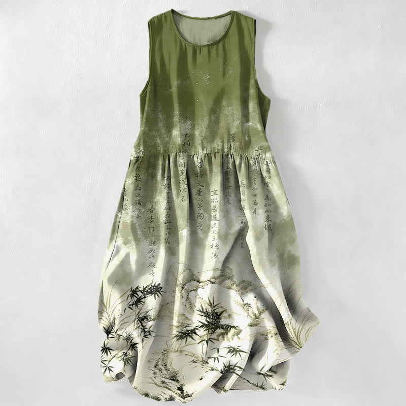 Buddha Stones Summer Casual Ink Bamboo Landscape Pattern Women's Summer Sleeveless Midi Dress With Pockets - OliveDrab - US16，UK/AU20，EU48 (3XL) - image 0