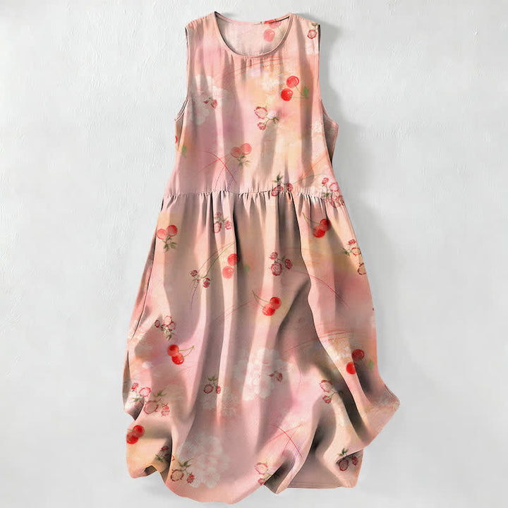 Buddha Stones Summer Casual Sweet Cherry Floral Pattern Women's Summer Sleeveless Midi Dress With Pockets - PeachPuff - US16，UK/AU20，EU48 (3XL) - image 0