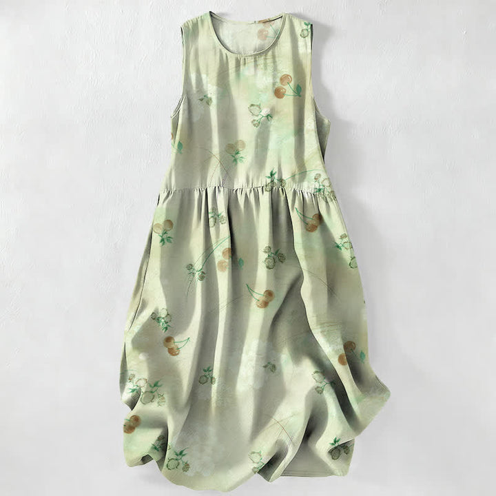 Buddha Stones Summer Casual Sweet Cherry Floral Pattern Women's Summer Sleeveless Midi Dress With Pockets - Honeydew - US16，UK/AU20，EU48 (3XL) - image 5