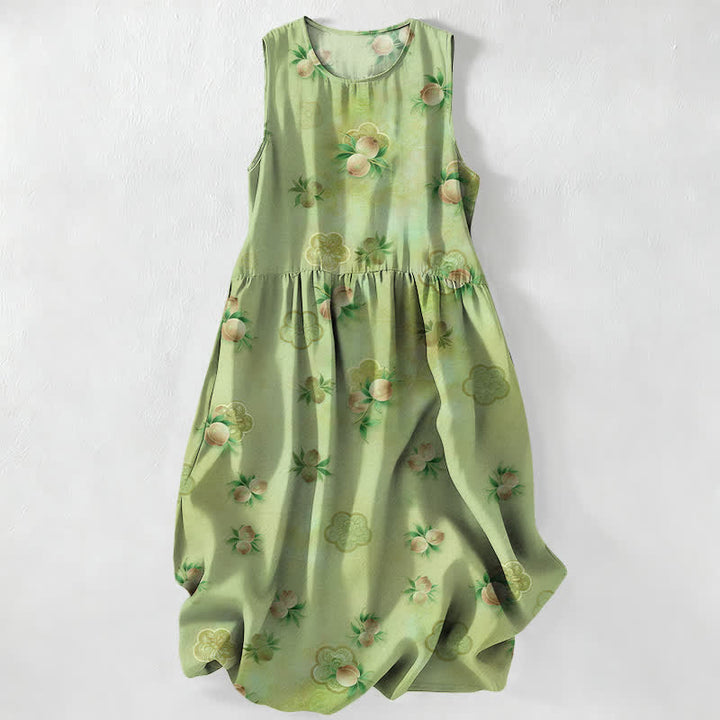 Buddha Stones Summer Casual Pink Floral Leaves Pattern Women's Summer Sleeveless Midi Dress With Pockets - YellowGreen - US16，UK/AU20，EU48 (3XL) - image 0