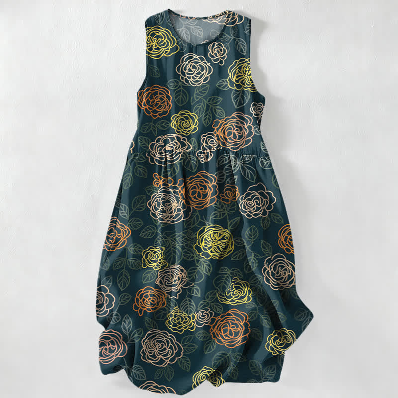 Buddha Stones Summer Casual Colorful Floral Sketch Pattern Women's Summer Sleeveless Midi Dress With Pockets - DarkSlateGray - US16，UK/AU20，EU48 (3XL) - image 4