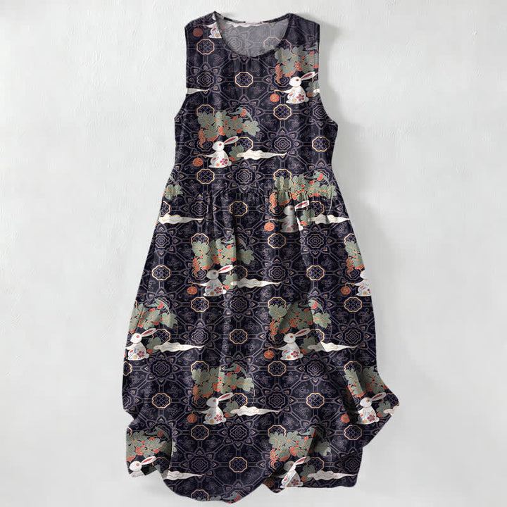 Buddha Stones Summer Casual Vintage Floral Medallions Leaves Pattern Women's Summer Sleeveless Midi Dress With Pockets - Indigo - US16，UK/AU20，EU48 (3XL) - image 0
