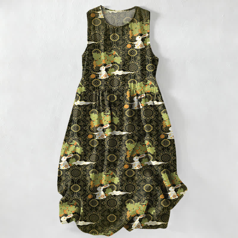 Buddha Stones Summer Casual Vintage Floral Medallions Leaves Pattern Women's Summer Sleeveless Midi Dress With Pockets - DarkOliveGreen - US16，UK/AU20，EU48 (3XL) - image 4