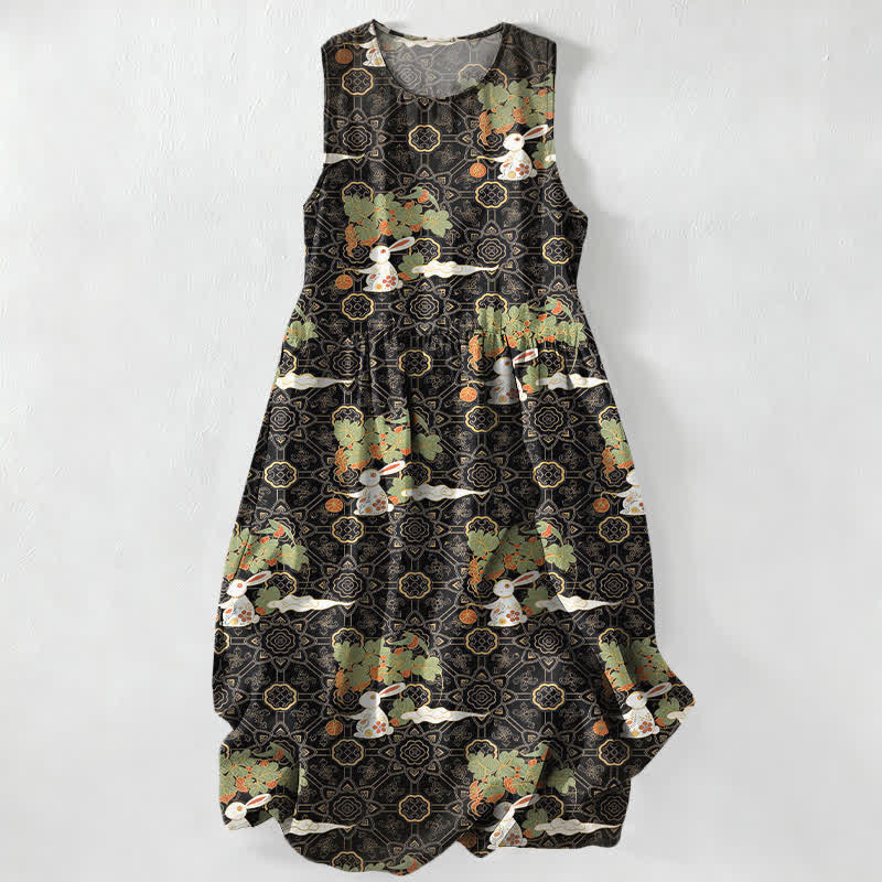 Buddha Stones Summer Casual Vintage Floral Medallions Leaves Pattern Women's Summer Sleeveless Midi Dress With Pockets - Black - US16，UK/AU20，EU48 (3XL) - image 5