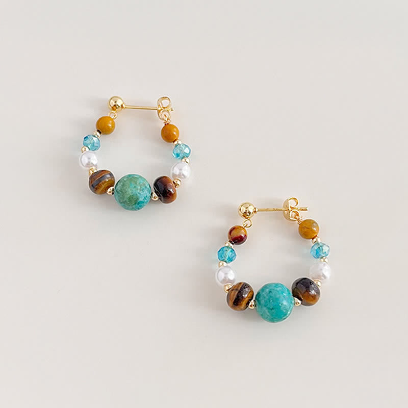 Buddha Stones Turquoise Tiger Eye Pearl Handmade Protection Earrings - image 1