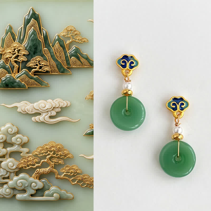 Buddha Stones Green Liuli Round Peace Buckle Fortune Dangle Earrings - Peace Buckle(Copper Plated With 925 Sterling Silver Posts) - image 0