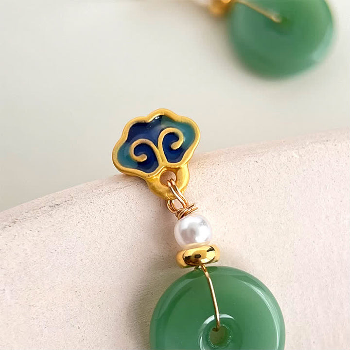 Buddha Stones Green Liuli Round Peace Buckle Fortune Dangle Earrings - image 3