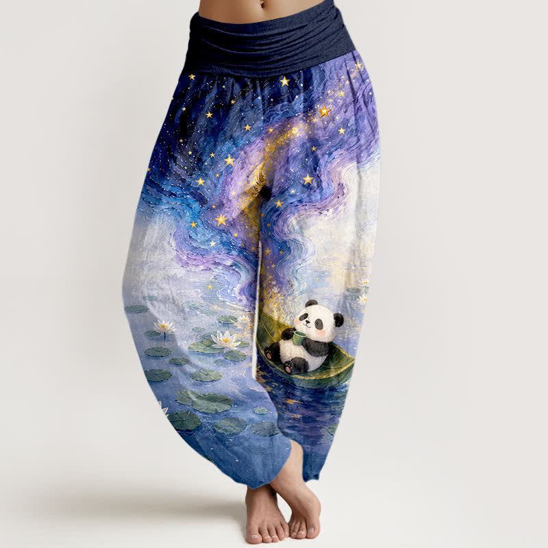 Buddha Stones Pure Cotton Starry Lotus Panda Pattern Women's Elastic Waist Harem Pants - Navy - US16，UK/AU20，EU48 (3XL) - image 0