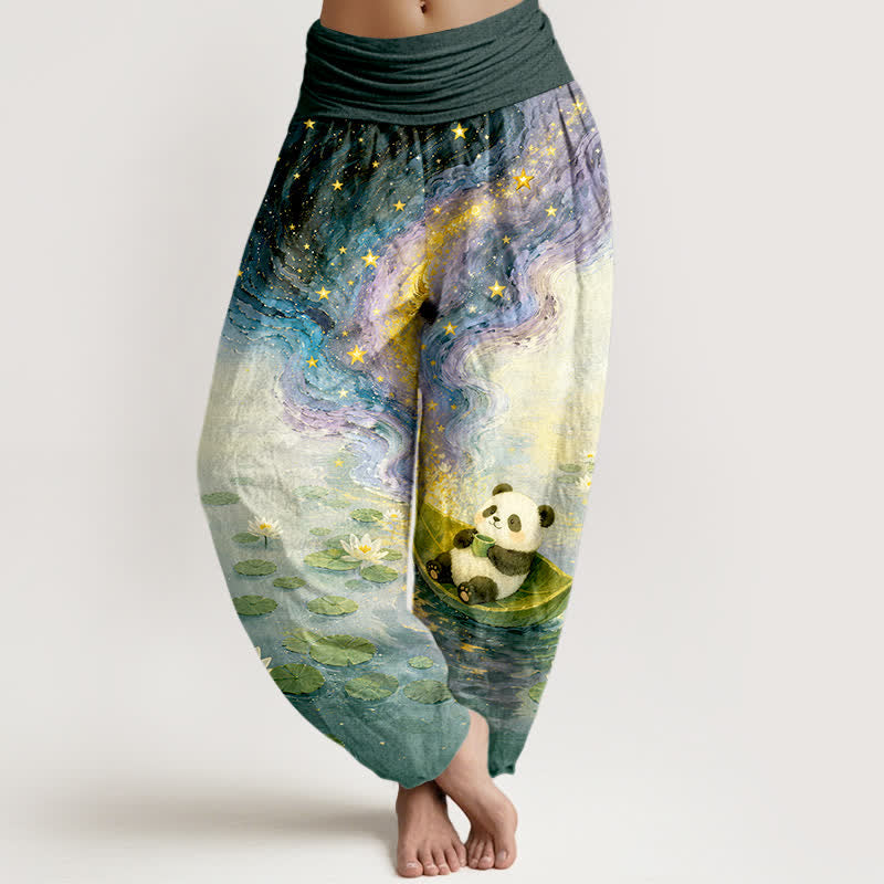 Buddha Stones Pure Cotton Starry Lotus Panda Pattern Women's Elastic Waist Harem Pants - Teal - US16，UK/AU20，EU48 (3XL) - image 5