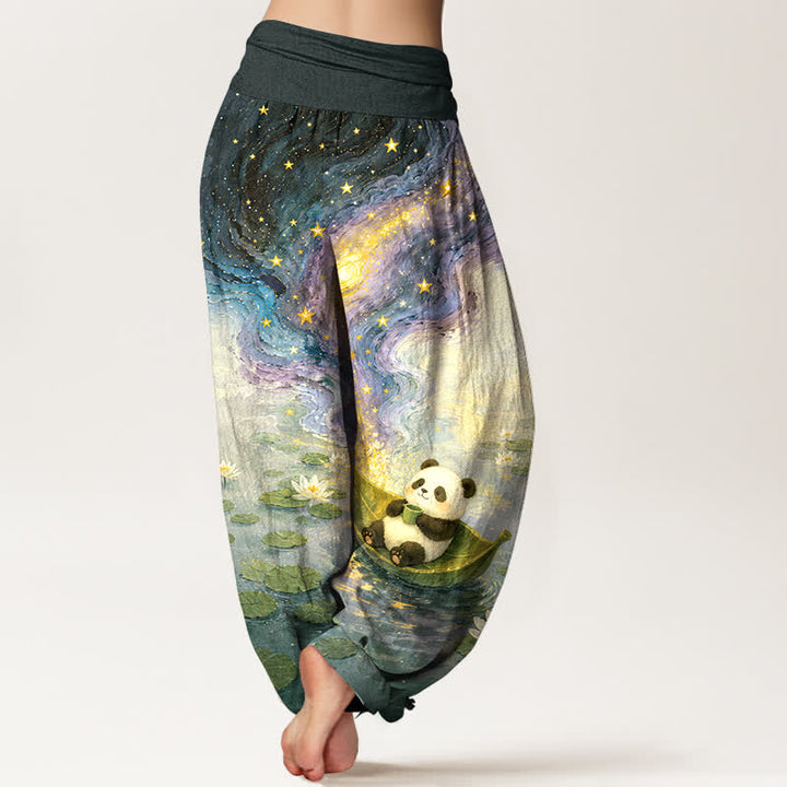 Buddha Stones Pure Cotton Starry Lotus Panda Pattern Women's Elastic Waist Harem Pants - image 6