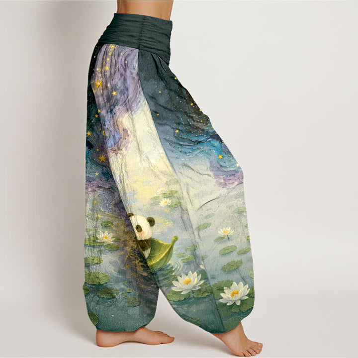 Buddha Stones Pure Cotton Starry Lotus Panda Pattern Women's Elastic Waist Harem Pants - image 7