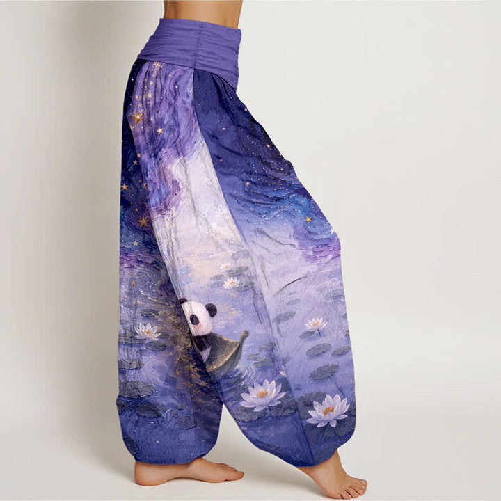 Buddha Stones Pure Cotton Starry Lotus Panda Pattern Women's Elastic Waist Harem Pants - image 10