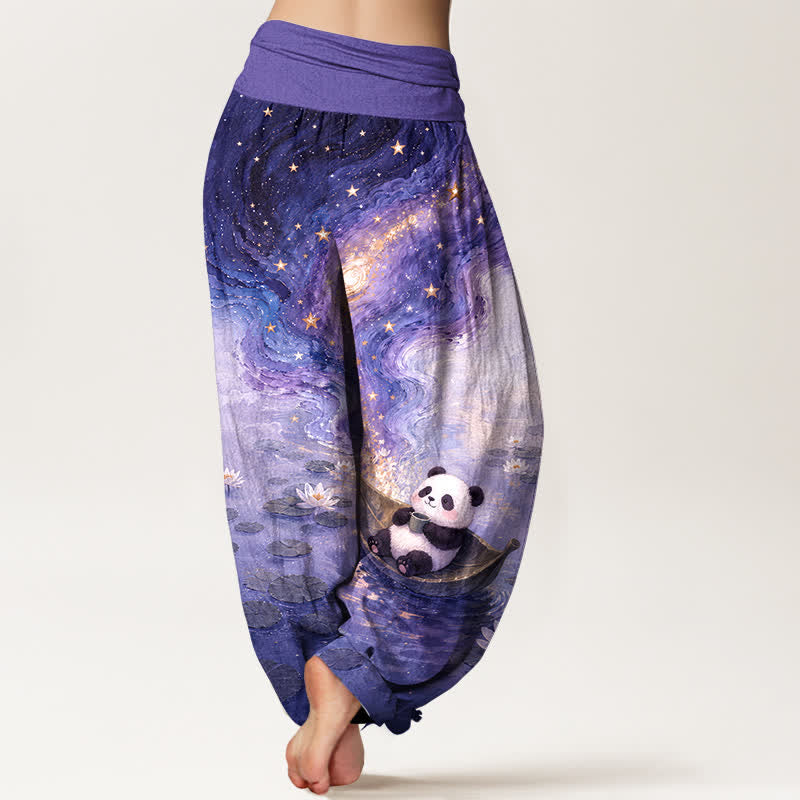 Buddha Stones Pure Cotton Starry Lotus Panda Pattern Women's Elastic Waist Harem Pants - image 9