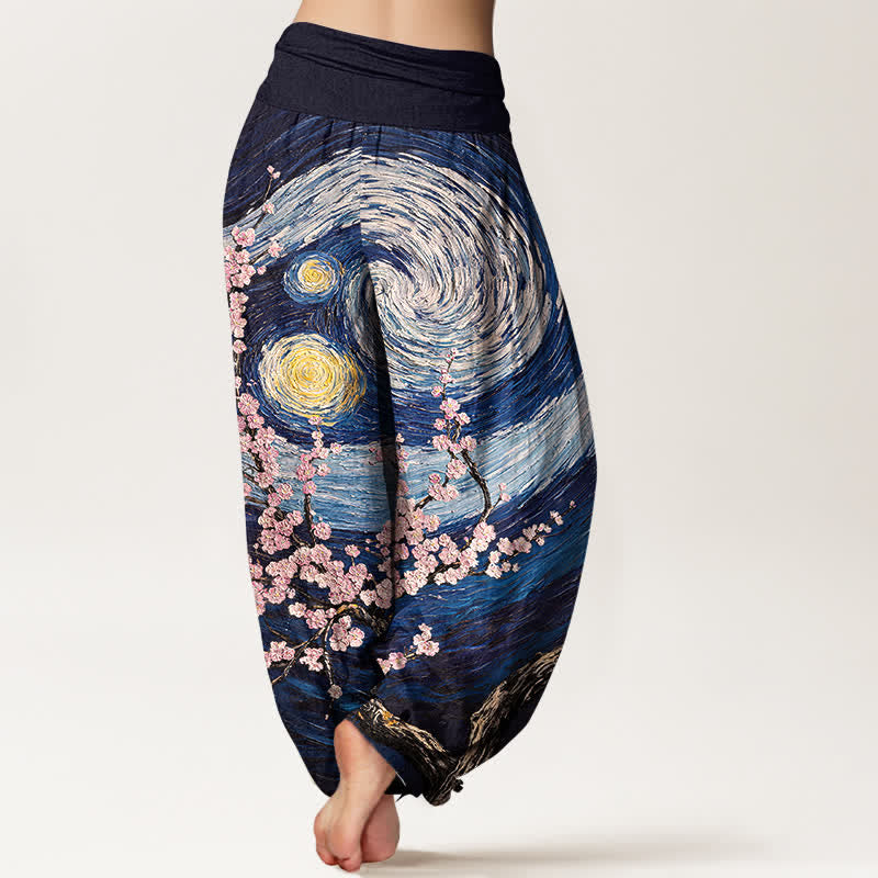 Buddha Stones Pure Cotton Starry Blossom Swirl Pattern Women's Elastic Waist Harem Pants - image 1