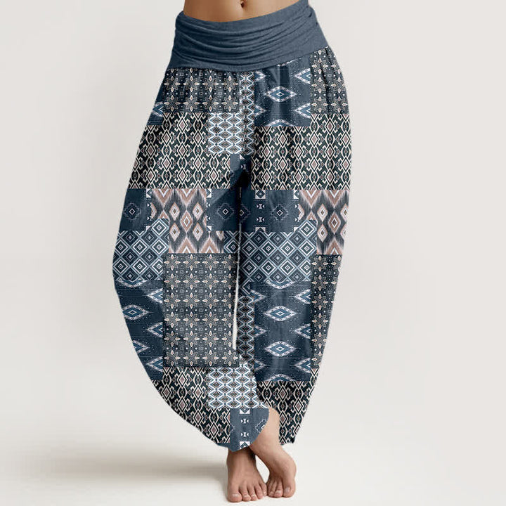 Buddha Stones Pure Cotton Bohemian Geometric Patchwork Pattern Women's Elastic Waist Harem Pants - SlateGray - US16，UK/AU20，EU48 (3XL) - image 8