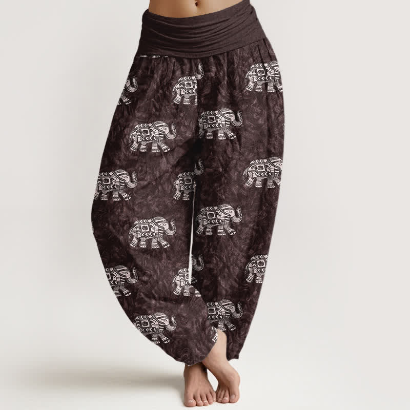 Buddha Stones Pure Cotton White Elephant Pattern Women's Elastic Waist Harem Pants - Maroon - US16，UK/AU20，EU48 (3XL) - image 0