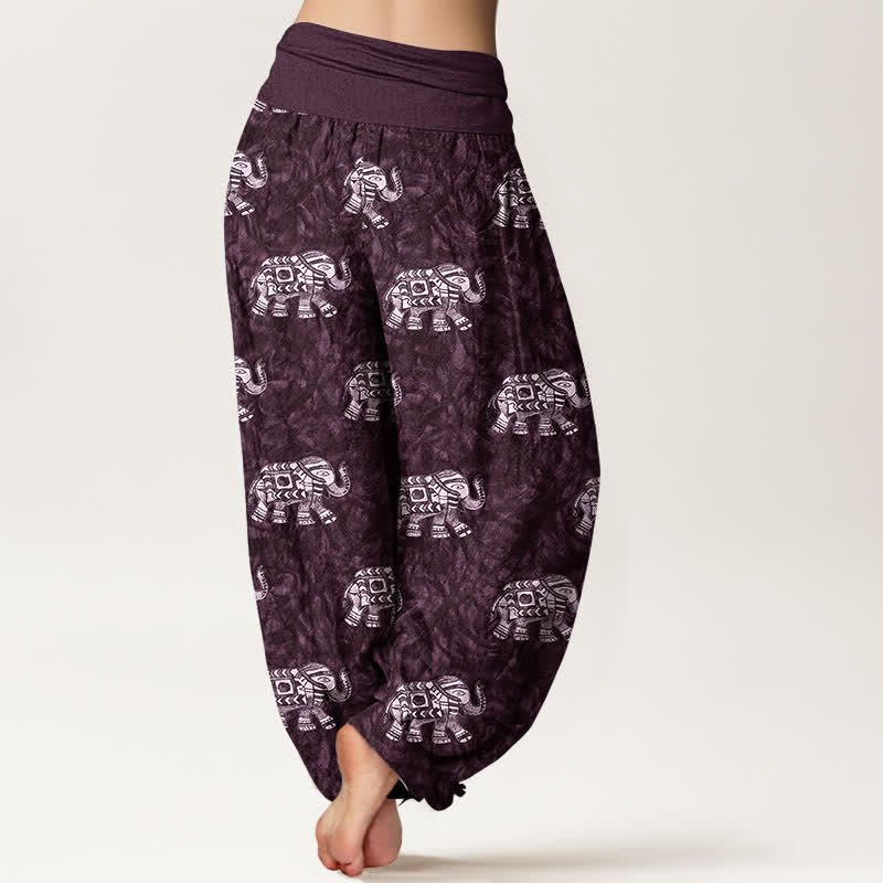 Buddha Stones Pure Cotton White Elephant Pattern Women's Elastic Waist Harem Pants - image 6