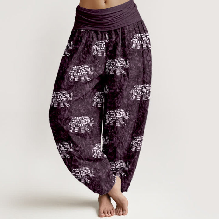 Buddha Stones Pure Cotton White Elephant Pattern Women's Elastic Waist Harem Pants - Indigo - US16，UK/AU20，EU48 (3XL) - image 5