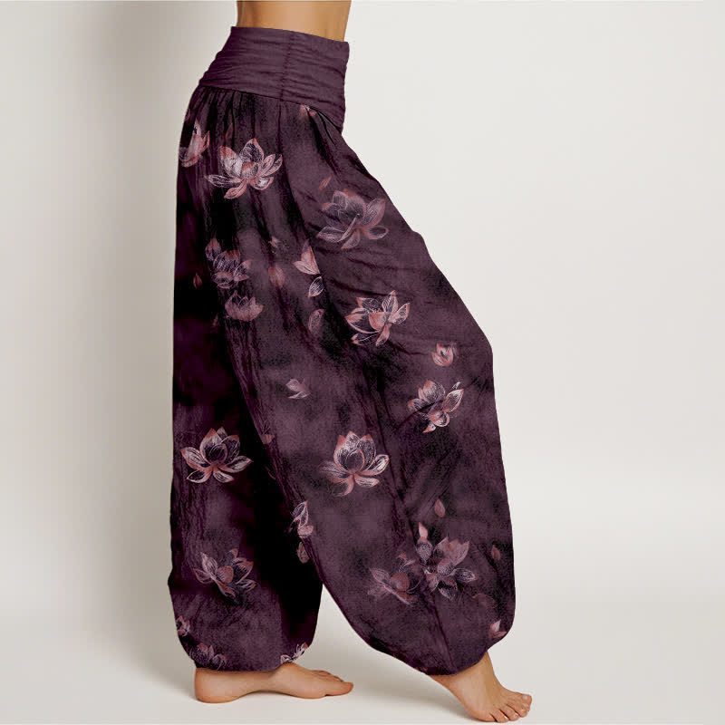 Buddha Stones Pure Cotton Vintage Lotus Floral Pattern Women's Elastic Waist Harem Pants - image 7