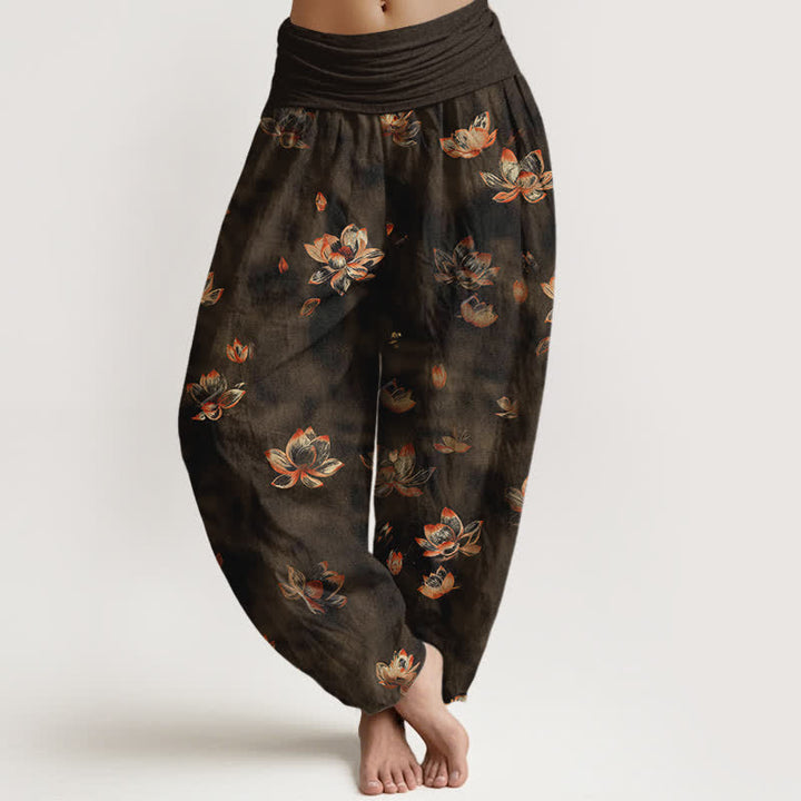 Buddha Stones Pure Cotton Vintage Lotus Floral Pattern Women's Elastic Waist Harem Pants - DarkGoldenrod - US16，UK/AU20，EU48 (3XL) - image 8