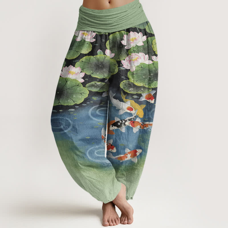 Buddha Stones Cotton Lotus Koi Pond Pattern Women's Elastic Waist Harem Pants - OliveDrab - US16，UK/AU20，EU48 (3XL) - image 0