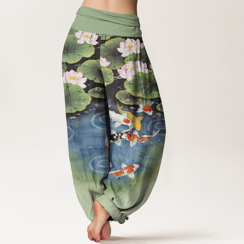 Buddha Stones Cotton Lotus Koi Pond Pattern Women's Elastic Waist Harem Pants - image 1